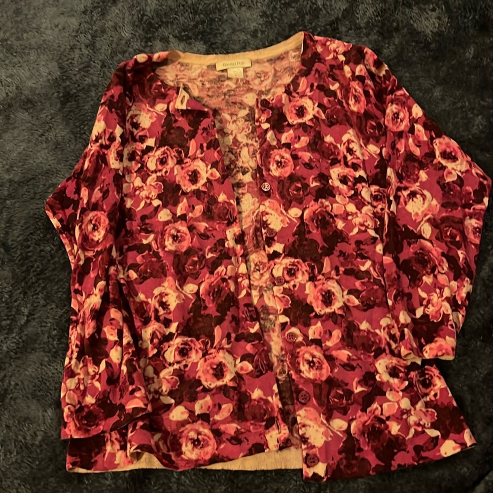 Garnet hill, deep pink floral cardigan